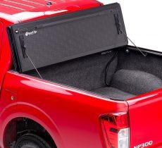rear photo of red truck tonneau cover